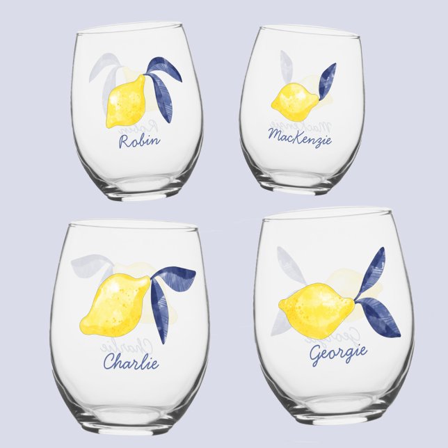 Lemon Citrus Watercolor Personalisierter Name Weinglas Ohne Stiel (Fresh citrus lemon watercolor individual name personalized glasses)