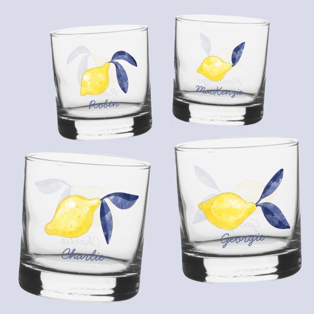 Lemon Citrus Watercolor Personalisierter Name Whiskyglas (Fresh citrus lemon watercolor individual name personalized glasses)