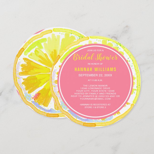 Lemon Citrus Watercolor Pink Brautparty Einladen Einladung (Vorne/Hinten)