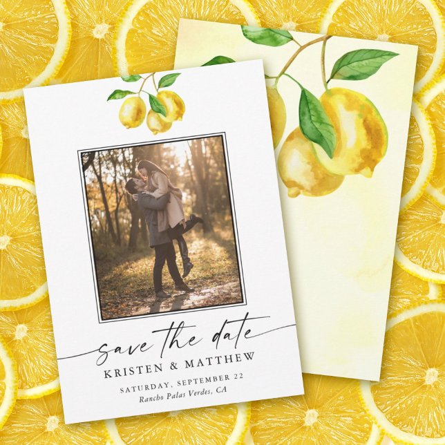 Lemon Citrus Watercolor Wedding Foto Save The Date (Capture the essence of summer with our lemon watercolor save the date.)