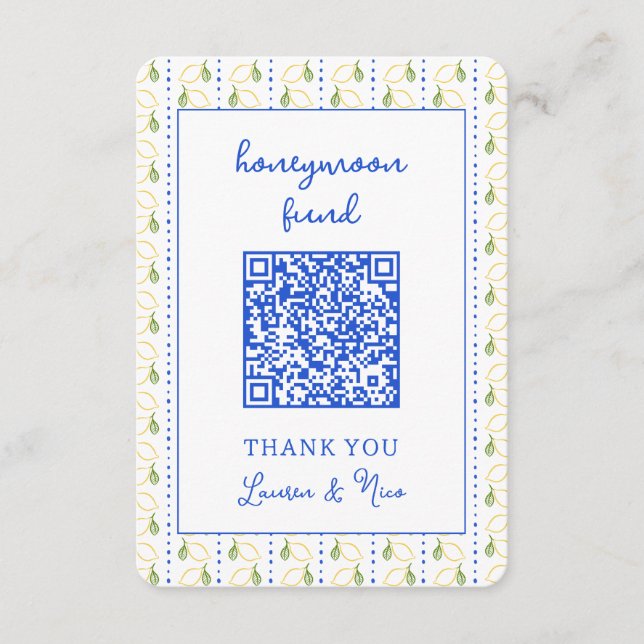 Lemon Citrus Wedding Honeymoon Fund QR Code Begleitkarte (Vorderseite)