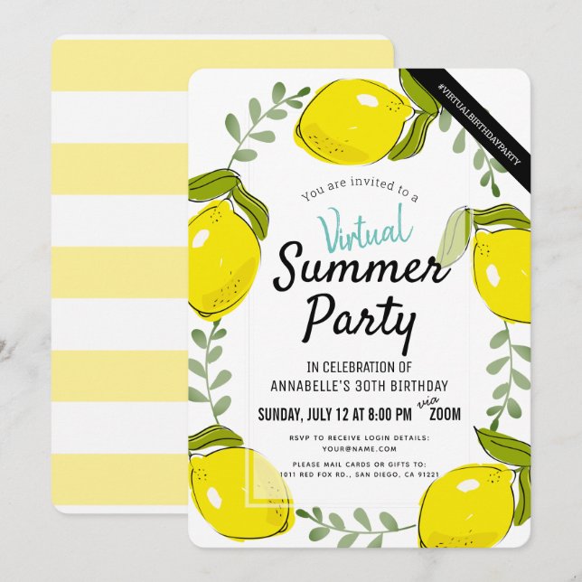 Lemon Citrus White Summer Adult Virtual Birthday Einladung (Vorne/Hinten)