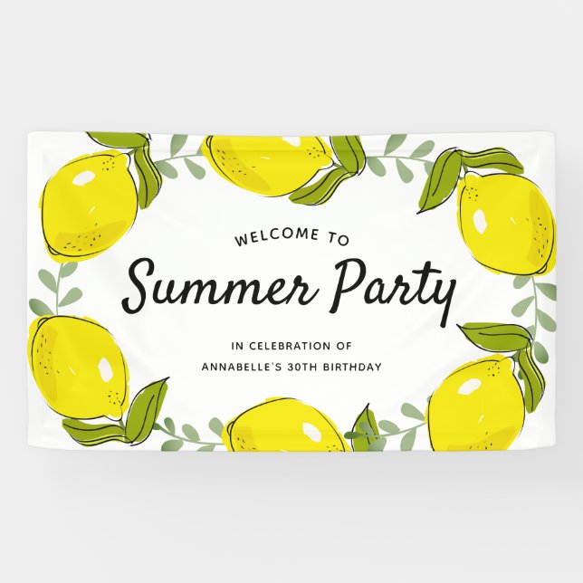 Lemon Citrus White Summer Party Geburtstag Banner (Horizontal)