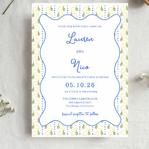 Lemon Citrus Yellow and Blue Italian Chic Wedding Einladung
