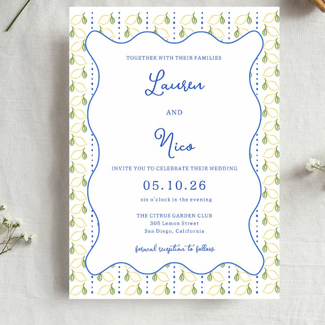 Lemon Citrus Yellow and Blue Italian Chic Wedding Einladung (Von Creator hochgeladen)