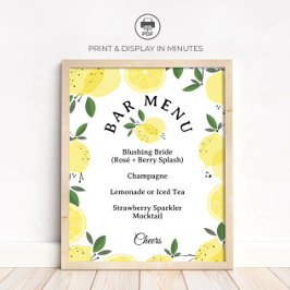 Lemon Cocktail Bar Menu Bridal Shower Sign Poster