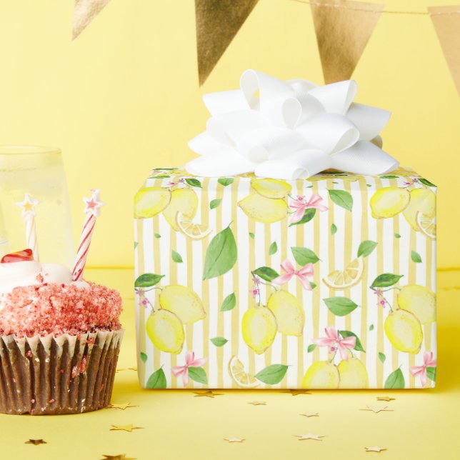 Lemon Coquette Pink Bows And Yellow Stripes Geschenkpapier (Geburtstagsparty)
