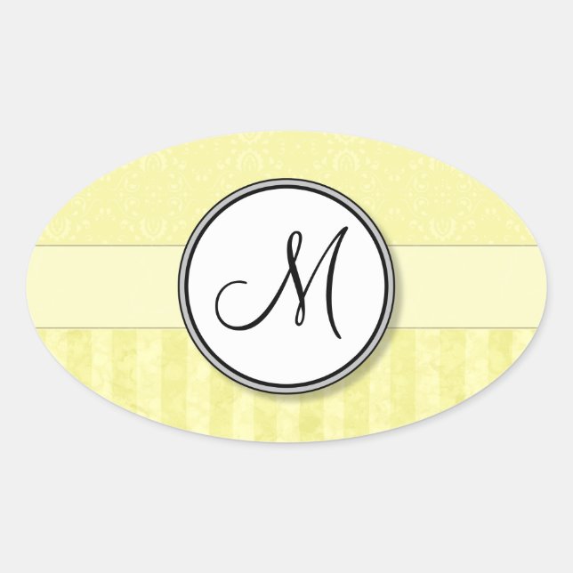 Lemon Cream Damask mit Streifen und Monogramm Ovaler Aufkleber (Vorderseite)