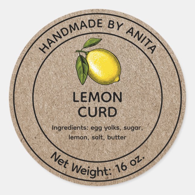 Lemon Curd Jelly Jar Label Kraft Paper Style Runder Aufkleber (Vorderseite)