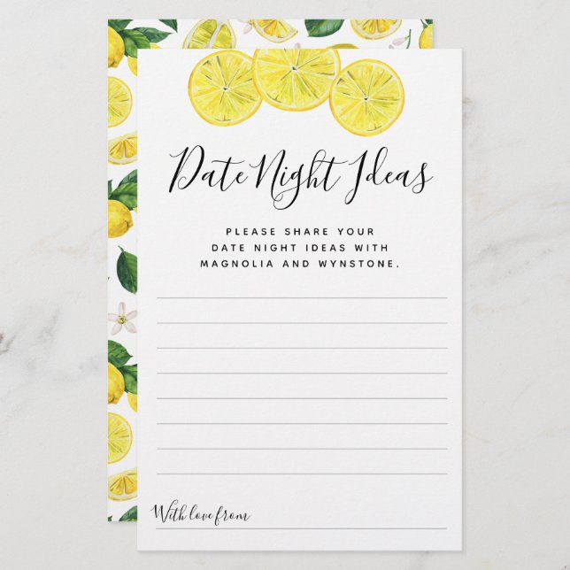 Lemon Date Night Ideas Cards (Vorne/Hinten)