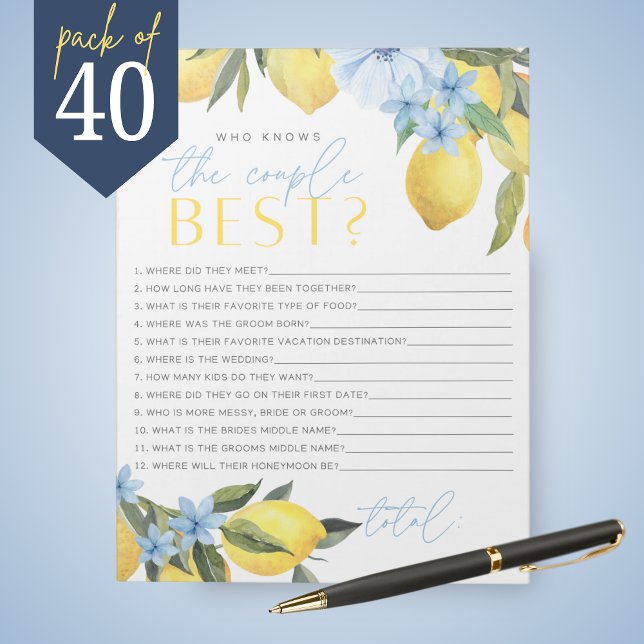 Lemon, der das Paar beste Bridal Game Pack kennt Notizblock (Main Squeeze Lemon and Blue Flower Who Knows the Couple Best Bridal Shower Game Pack of 40 Games)