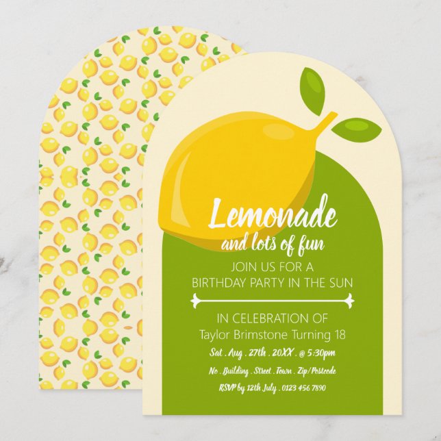 Lemon Design, Lemonade & viel Spaß zum Geburtstag Einladung (Vorne/Hinten)