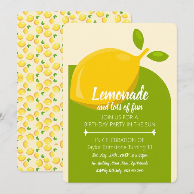 Lemon Design, Lemonade & viel Spaß zum Geburtstag Einladung (Vorne/Hinten)