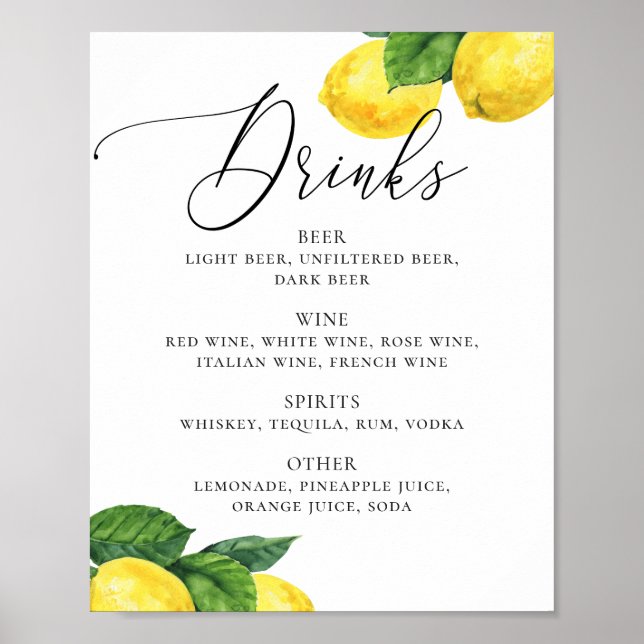 Lemon Drinks Signieren | Citrus Botanical Wedding  Poster (Vorne)