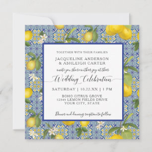 Lemon Floral Citrus Blue and White Tile Wedding Einladung