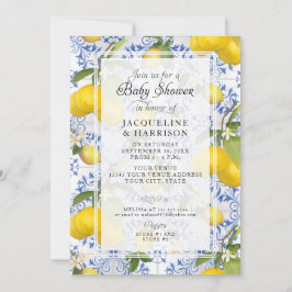 Lemon Floral Citrus Foliage Blue White Baby Dusche Einladung