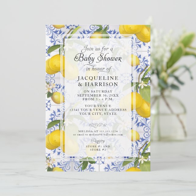 Lemon Floral Citrus Foliage Blue White Baby Dusche Einladung (Stehend Vorderseite)