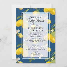 Lemon Floral Citrus Greenery Blue Baby Boy Dusche Einladung
