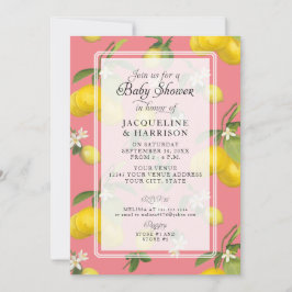 Lemon Floral Citrus Greenery Pink Baby Girl Dusche Einladung