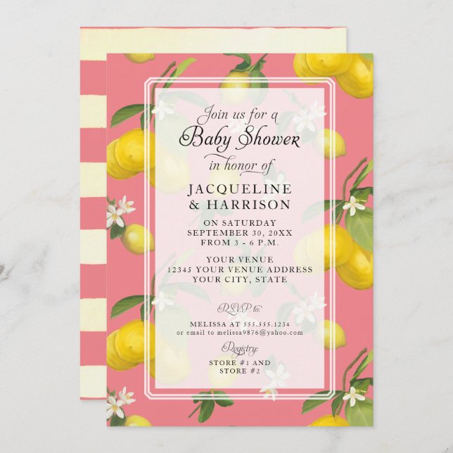 Lemon Floral Citrus Greenery Pink Baby Girl Dusche Einladung (Vorne/Hinten)