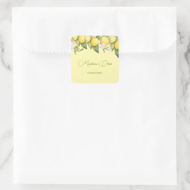 Lemon Floral Citrus Modernes Gelbes Geschäft Quadratischer Aufkleber (Tasche)