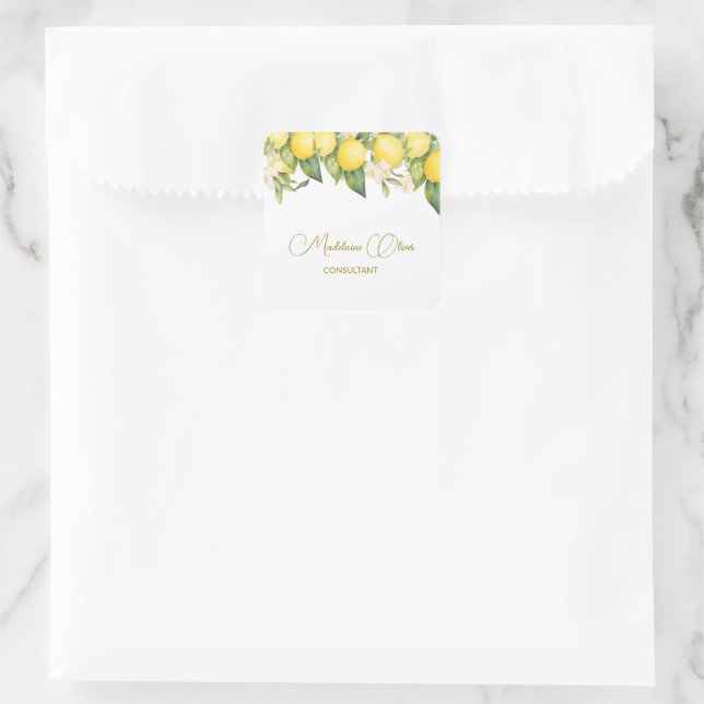 Lemon Floral Citrus Modernes Personal Business Quadratischer Aufkleber (Tasche)