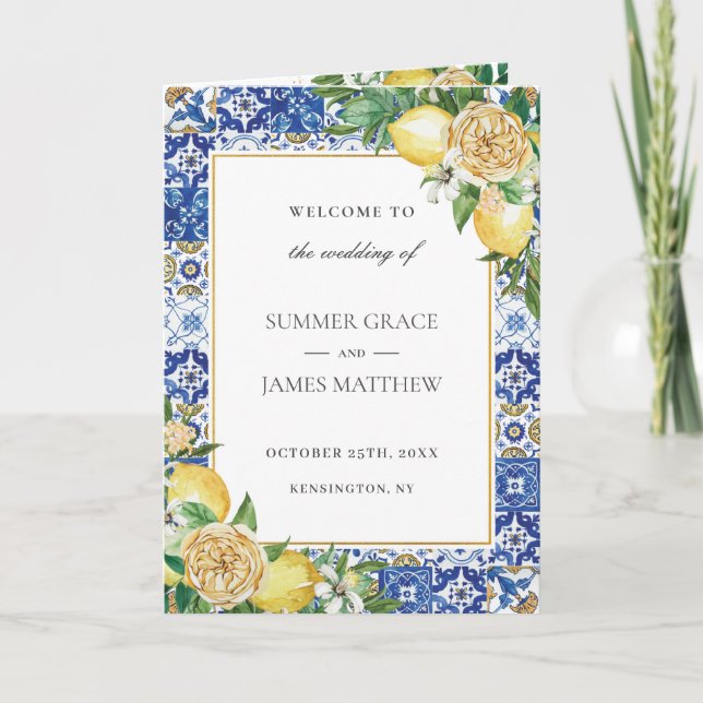 Lemon Floral Greenery Azure Mosaic Tiles Wedding Programm (Vorderseite)