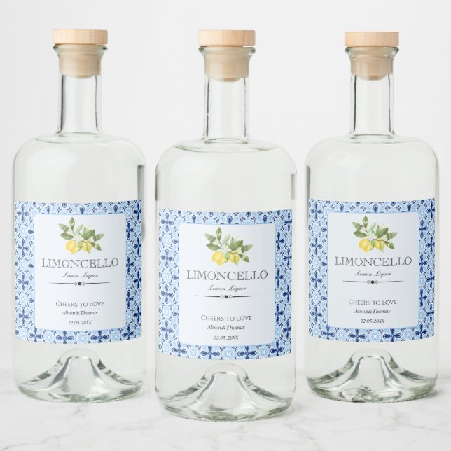 Lemon Floral Limoncello Wedding Blue Tile Italieni Alkoholflaschenetikett (Flaschen)