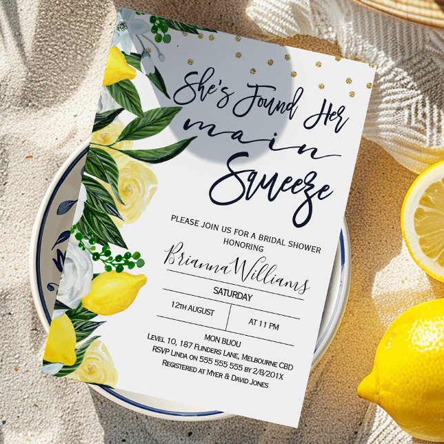 Lemon Floral Main Squeeze Bridal Dusche Einladung (Modern She found Her Main Squeeze Bridal Shower Invitation, Floral and Lemons Main Squeeze Bridal)