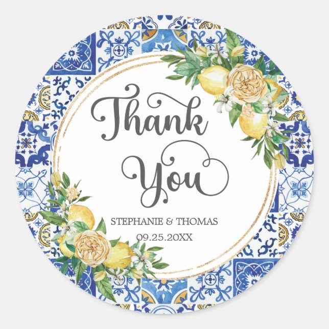 Lemon Floral Meditteranean Mosaic Tiles Wedding Runder Aufkleber (Vorderseite)