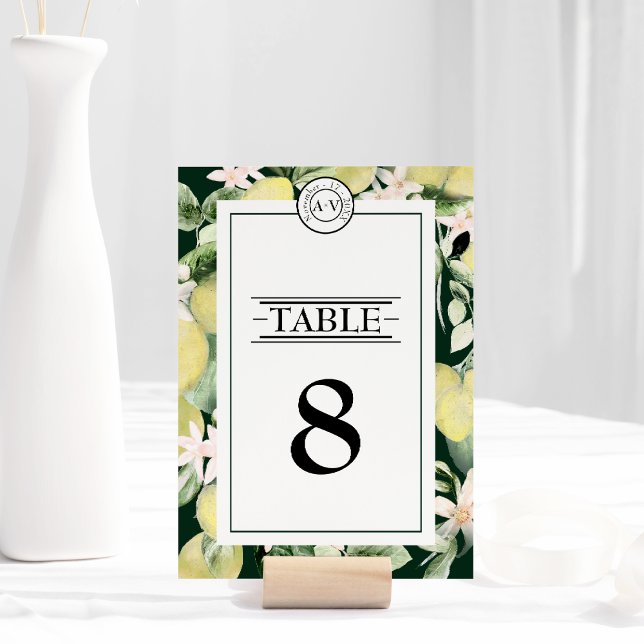 Lemon Floral Monogram Emerald Green Wedding Tischnummer (Von Creator hochgeladen)
