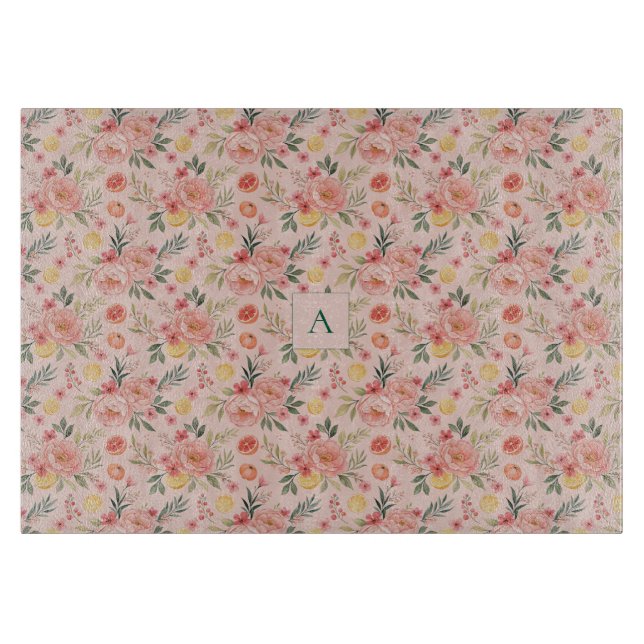 Lemon  Floral pink Peony rustic Pattern monogram Schneidebrett (Vorderseite)