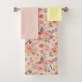 Lemon Floral pink Peony rustikales Muster Monogram Badhandtuch Set