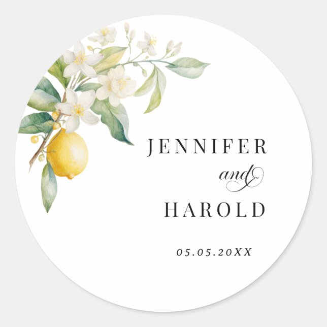 Lemon Floral Wedding Favor Runder Aufkleber (Vorderseite)