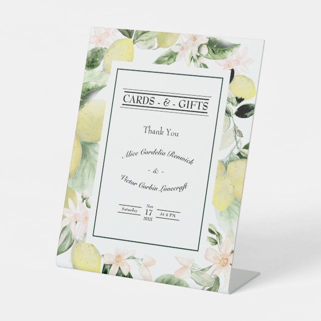Lemon Floral White Wedding Cards und Geschenke Sockelschild (Vorderseite)