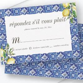Lemon Foliage Blue Mediterranean Wedding RSVP Karte