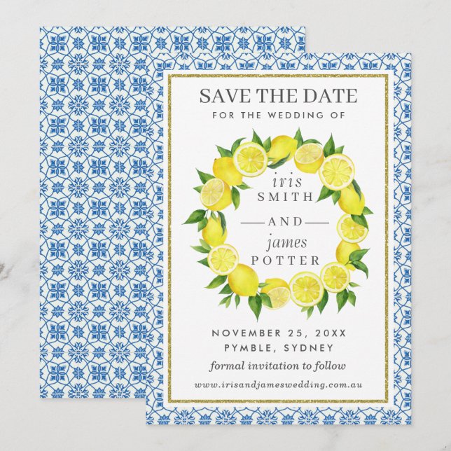 Lemon Foliage Mediterrane Save the Date Karte (Vorne/Hinten)