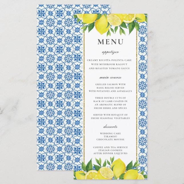 Lemon Foliage Mediterranean Wedding Menu Card Menükarte (Vorne/Hinten)
