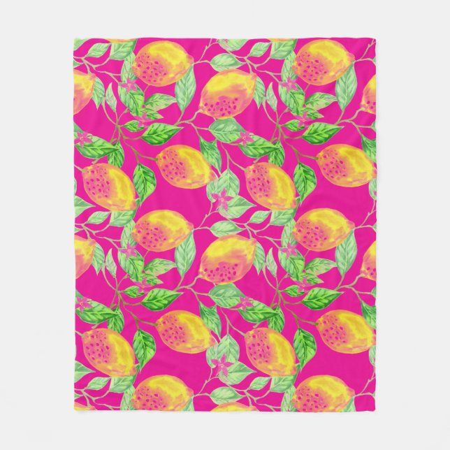 Lemon Fruchtmuster gelb pinkgrün Fleecedecke (Vorderseite)