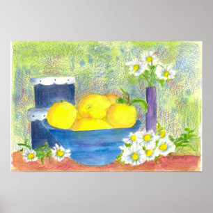 Lemon Fruit Bowl Daisy Vintag Hatbox Wasserfarbe Poster