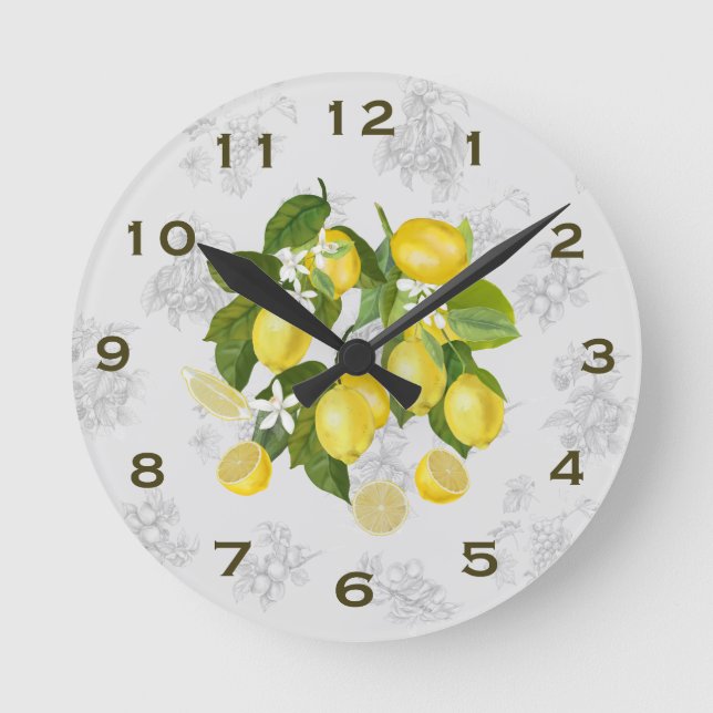 Lemon & Fruit Kitchen Wall Clock Grau Runde Wanduhr (Vorderseite)
