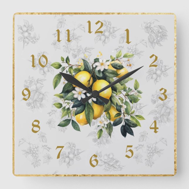 Lemon & Fruit Kitchen Wall Clock Gray 2024 Quadratische Wanduhr (Vorderseite)