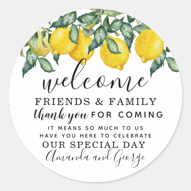 Lemon Gastgeschenk Hochzeit personalisiert danke Runder Aufkleber (Vorderseite)