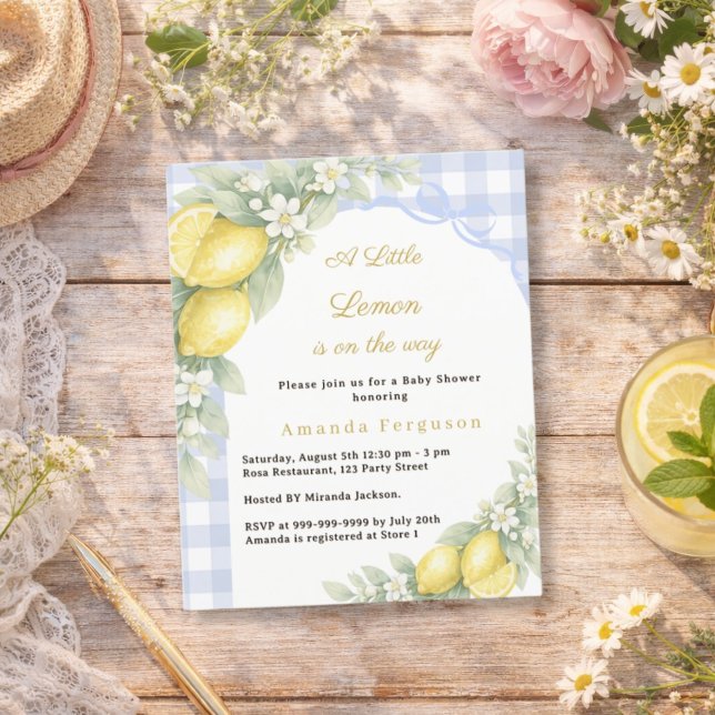 Lemon gingham blue bow boy Baby Shower invitation (Von Creator hochgeladen)