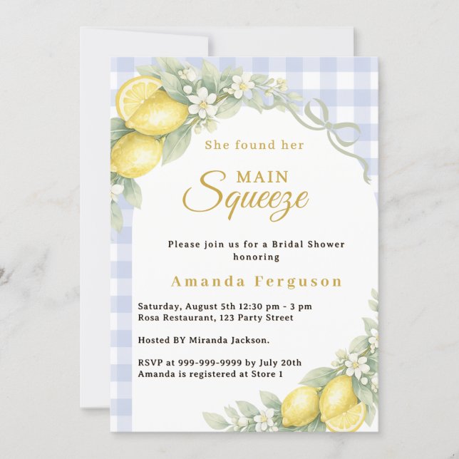 Lemon gingham blue main squeeze bow Bridal Shower Einladung (Vorderseite)
