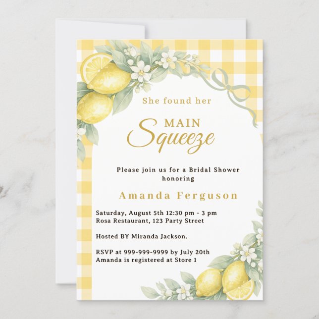 Lemon gingham main squeeze bow Bridal Shower Einladung (Vorderseite)