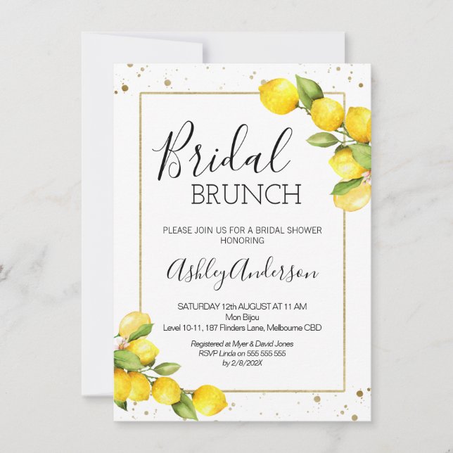 Lemon Gold Frame Bridal Brunch Brautparty Einladung (Vorderseite)