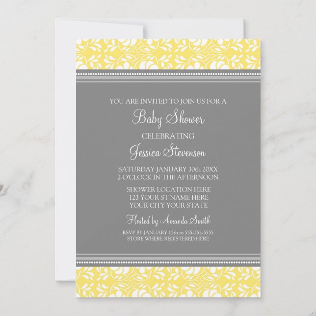 Lemon Gray Damask Custom Baby Shower Einladungen (Rückseite)