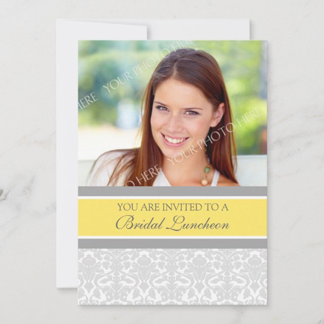 Lemon Gray Damask Foto Bridal Luncheon Einladung (Vorderseite)