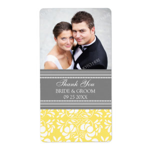 Lemon Gray Damask Foto Wedding Labels